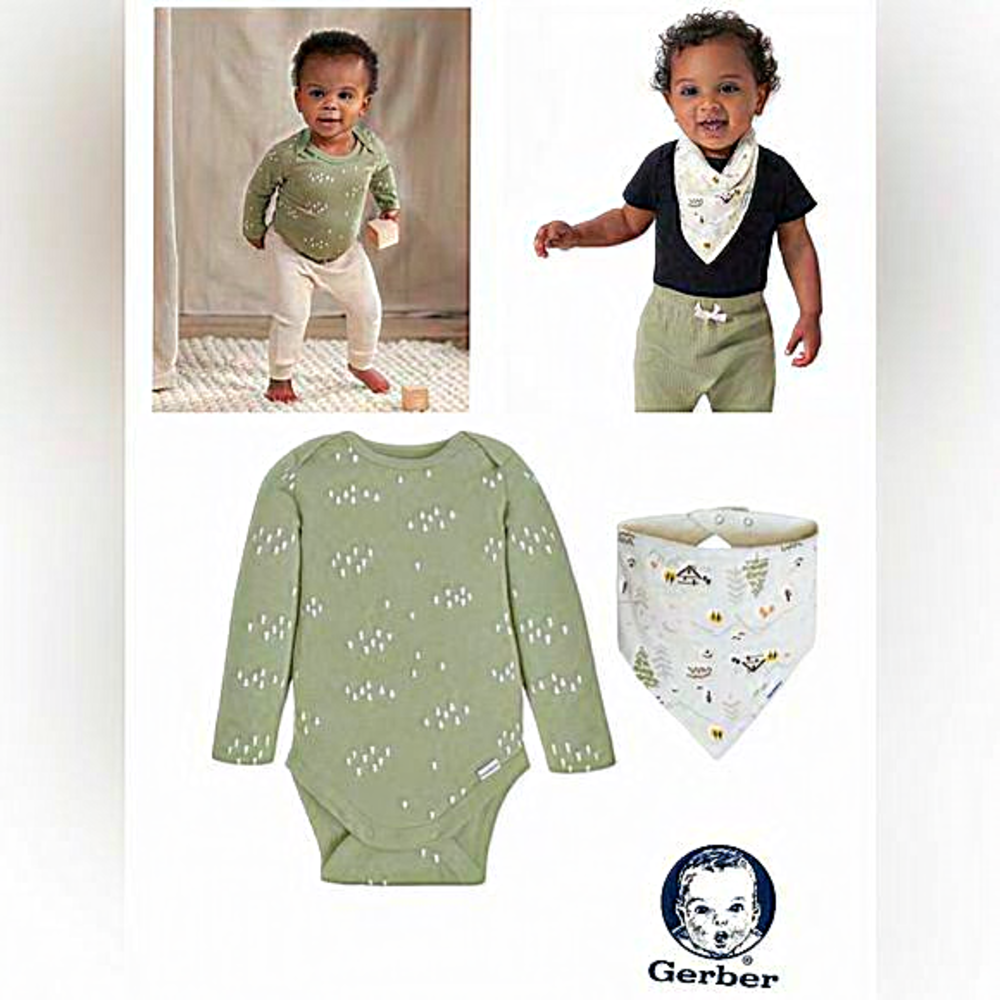 Modern Moments Gerber Baby Boy Long Sleeve Onesies‎ Bodysuits Bandanna bib green
